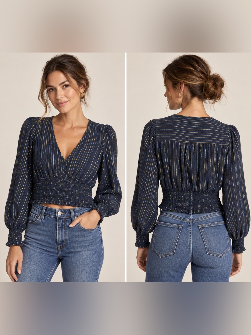 Boden Navy Gold Metallic Stripe Smocked Blouse Size 6